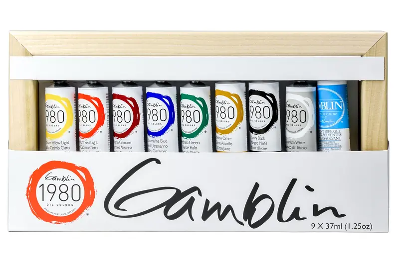 Gamblin 1980 Oil Paint Starter Set (8 Colors) With Wood Panel & Solvent-Free Medium 1