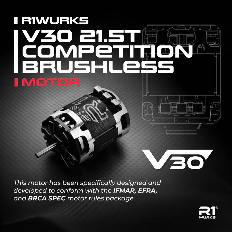 R1 Wurks V30 21.5T Competition Brushless Motor – Torque-Focused Configuration 1